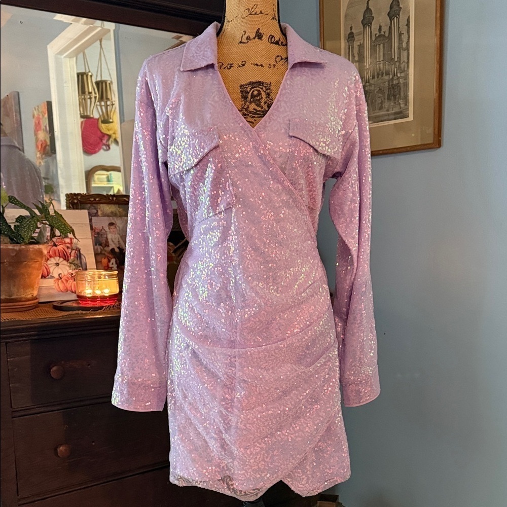 Les Lis Purple Lavender Iridescent Sequin Mini Dress - Picture 5 of 13